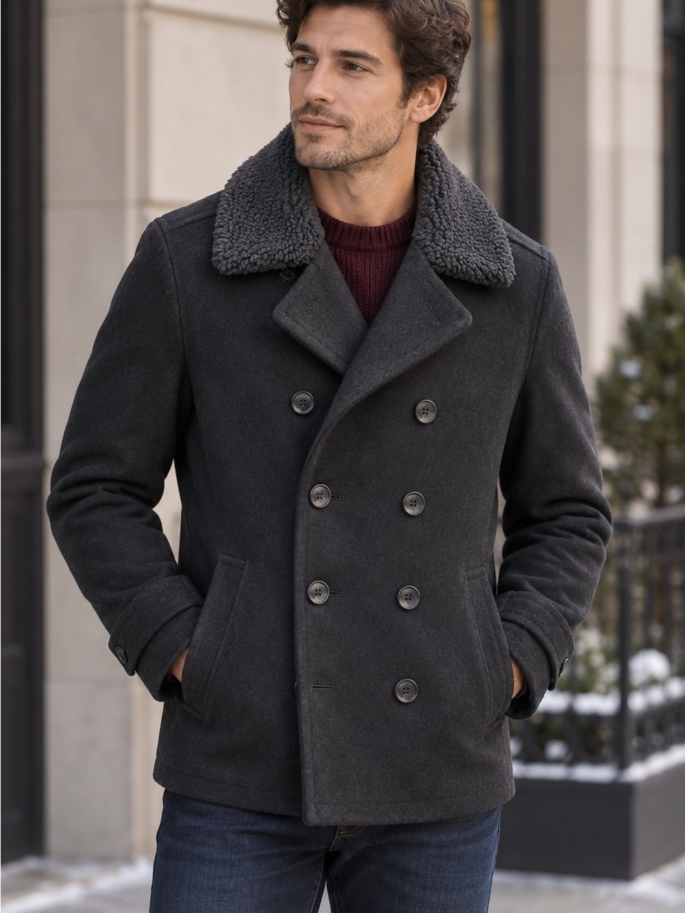 Double-Breasted Charcoal Sherpa Collar Coat